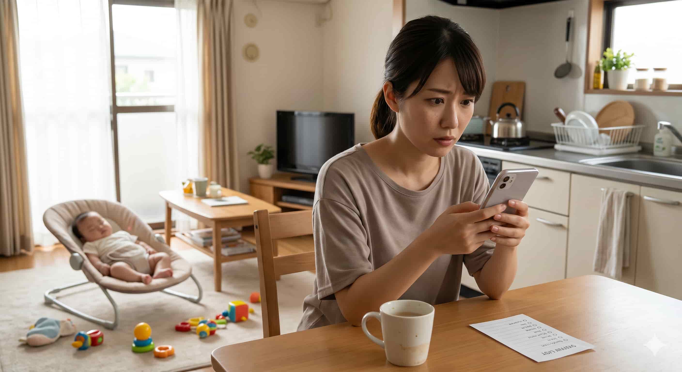 スキルスキップ広告をスマホで観て怪しんでいる主婦イメージ画